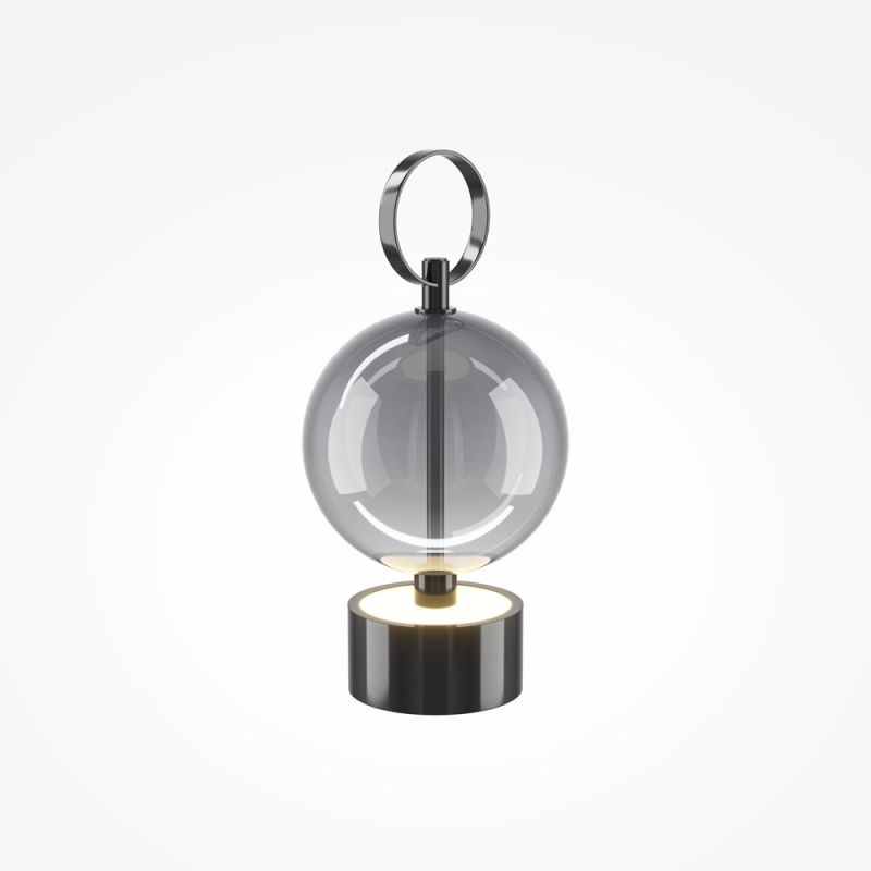 Design rechargeable lamp black with smoky glass ball and ring handle, grey base