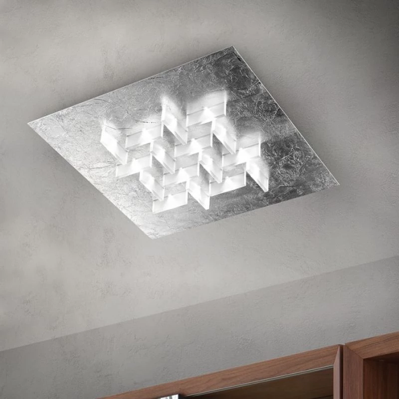 Angular LED ceiling light in leaf silver with rectangular milky glass
