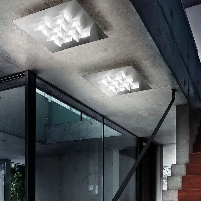 Cristalli LED ceiling lamp in Inox with rectangular milky glasses