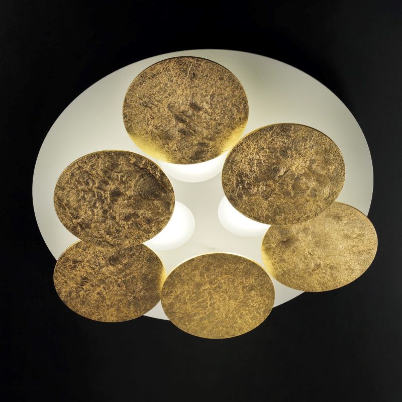 Round ceiling light with white ceiling plate and 6 discs in gold leaf