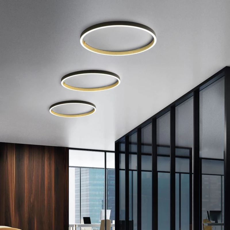 Ring ceiling light Loop 120cm: Black outside, gold leaf inside, mounting plasterboard ceiling