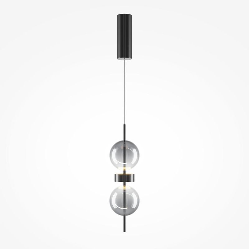 Moderne Pendelleuchte mit 2 Rauchglaskugeln und schwarzer schmaler Baldachin