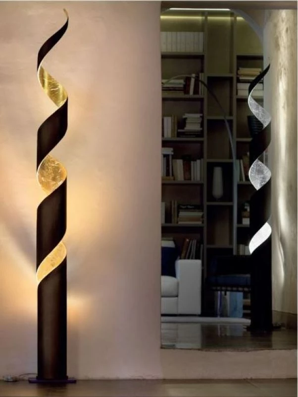 Narrow corkscrew floor lamp Truciolo in dark brown/leaf gold and iron gray/leaf silver color
