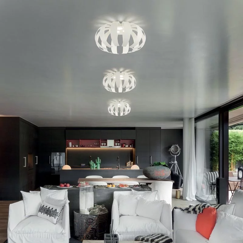 Three flower LED ceiling lamps in the living room: color outside white, inside white.