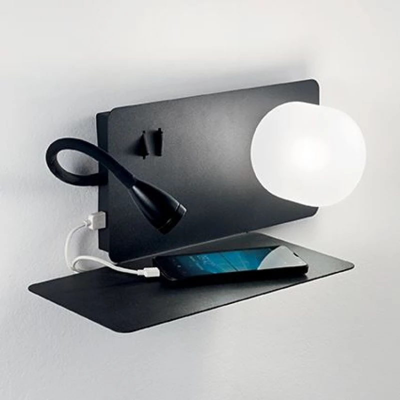 Schlafzimmer LED Wandlampe mit Ablage links Book 1 von Ideal Lux in schwarz