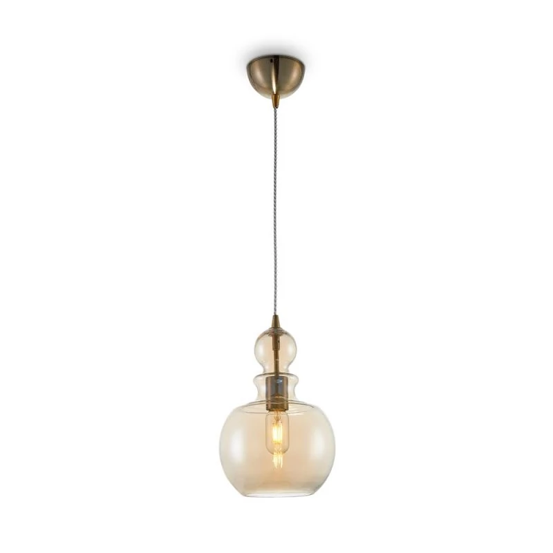 Glass ball pendant lamp in yellow and metal frame in bronze