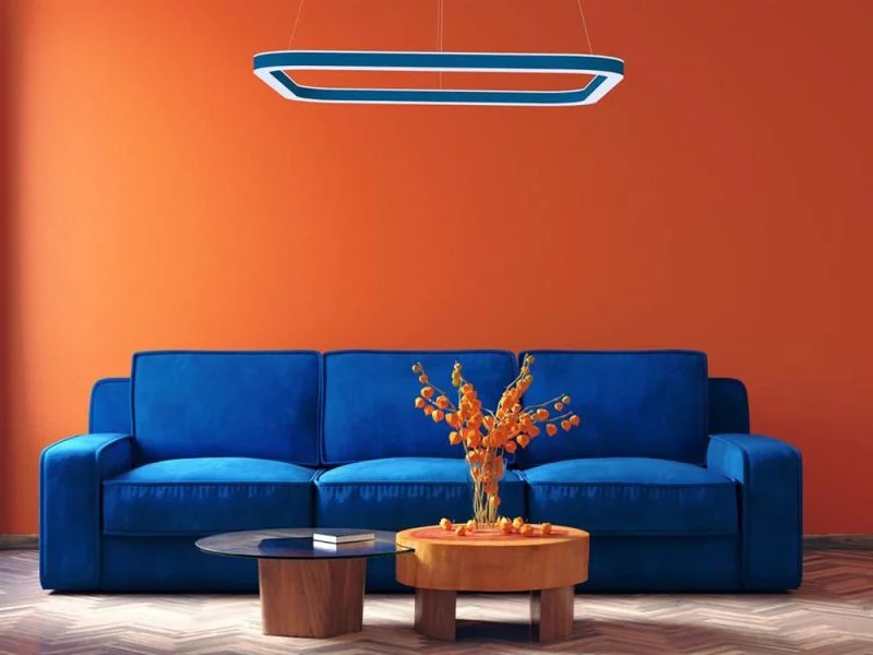 Large square ring pendant lamp Sqing in blue over the couch