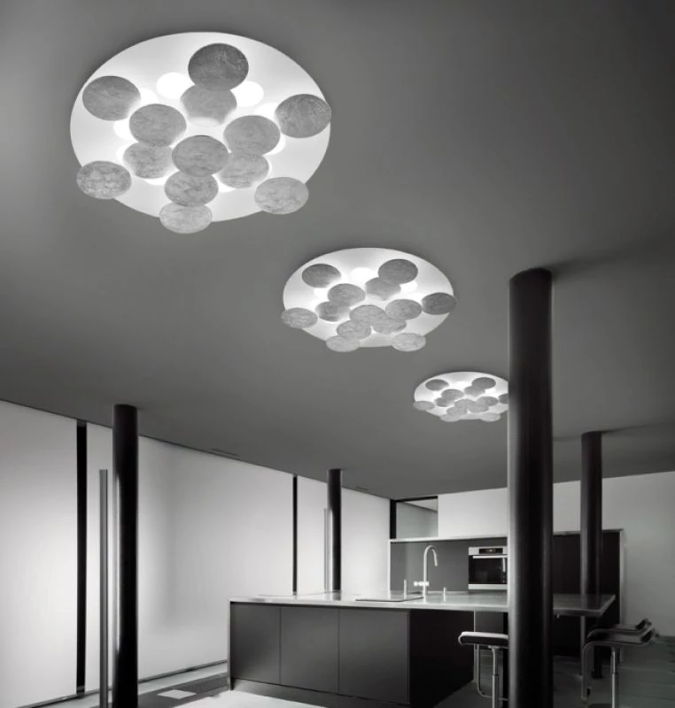 White LED ceiling lamp Nuvola PL70 with silver rotating discs for the kitchen