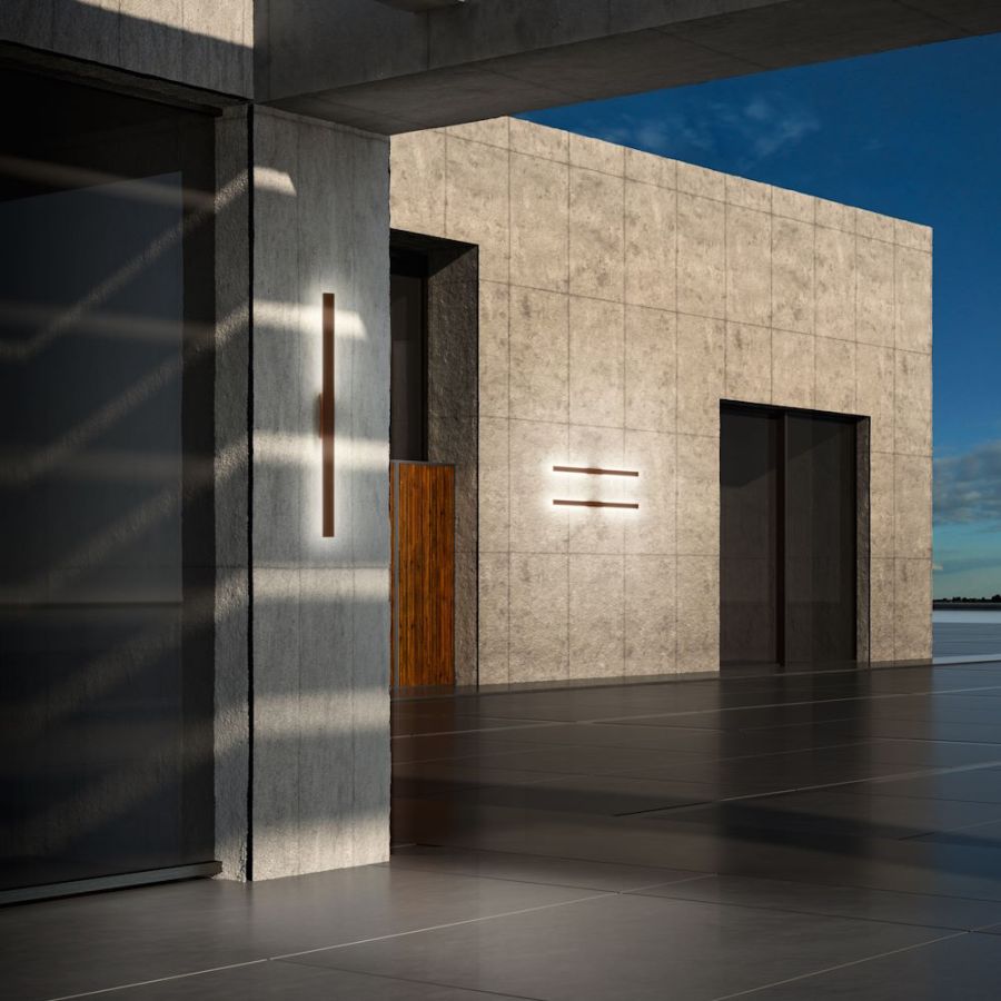 Long LED outdoor wall light Linea for the entrance area in coffee-brown
