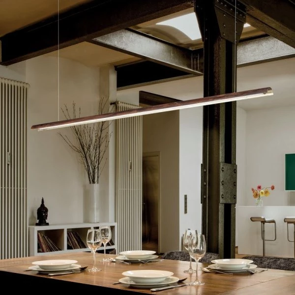 Long dining table pendant lamp Tile S1 by Braga: metal outside brown oxidized, inside silver leaf