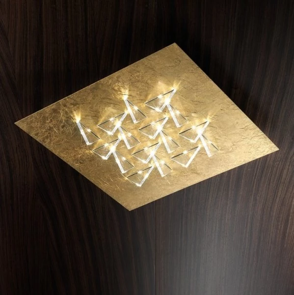Angular LED ceiling light in leaf gold with triangular transparent glasses