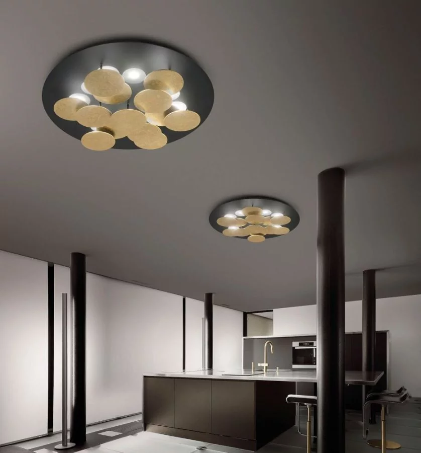 Round black LED ceiling lamp Nuvola with 13 golden discs Ø:70cm