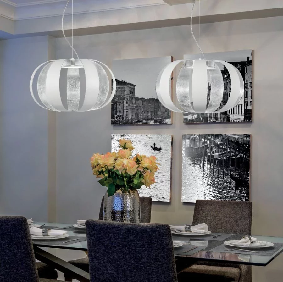 Floral dining table LED pendant light Geo Ø:40cm in white/leaf silver