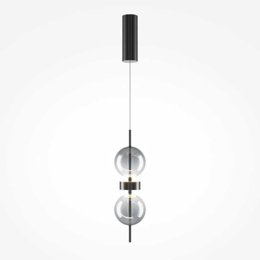 Designer pendant light with 2 smoke glass spheres and a slim black shade