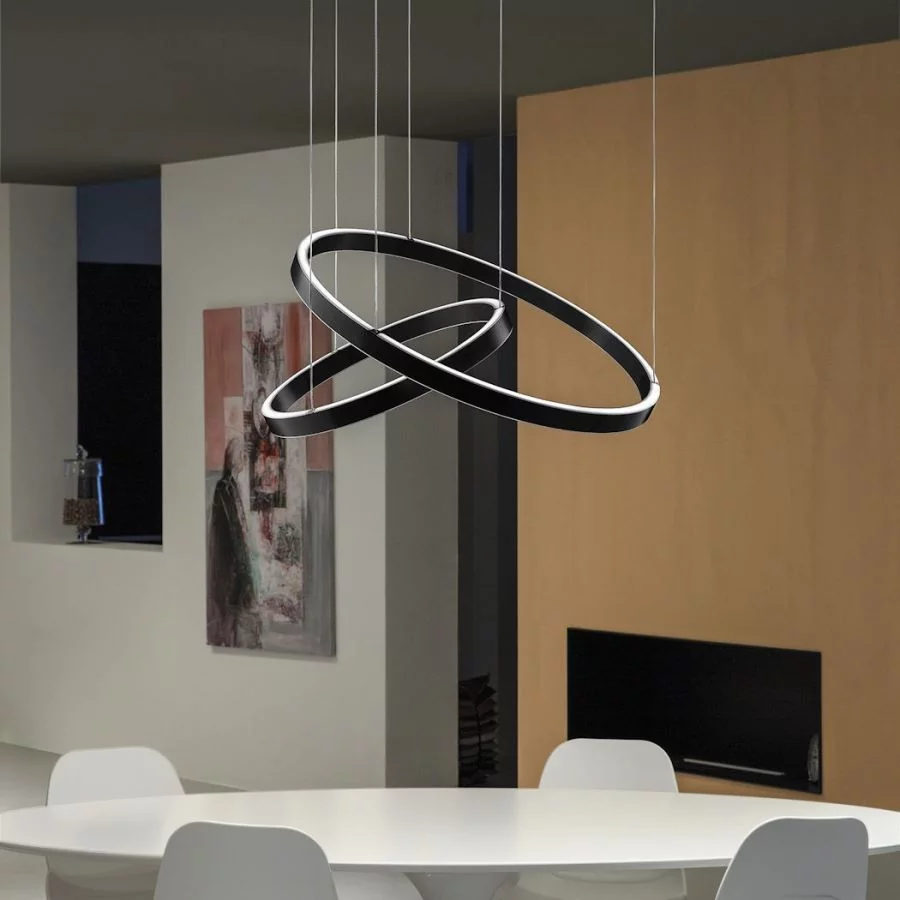 Two black ring pendant lights above the table Ø: 75cm and Ø: 50cm Two black ring pendant lights above the table Ø: 75cm and Ø: 50cm