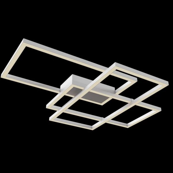 3 offset white rectangles form the design of the ceiling lamp