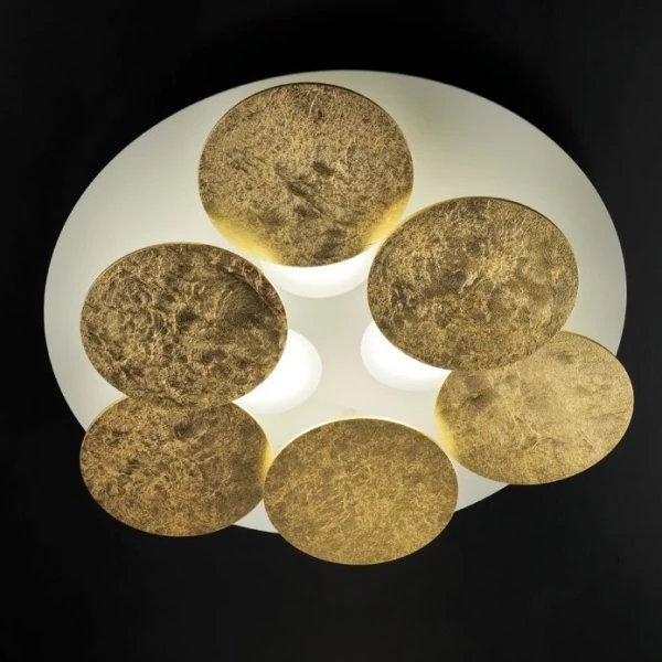 Round white LED ceiling lamp Nuvola with golden rotating discs