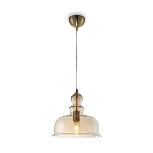 Retro pendant lamp with round glass lampshade tinted in yellow and metal frame in bronze