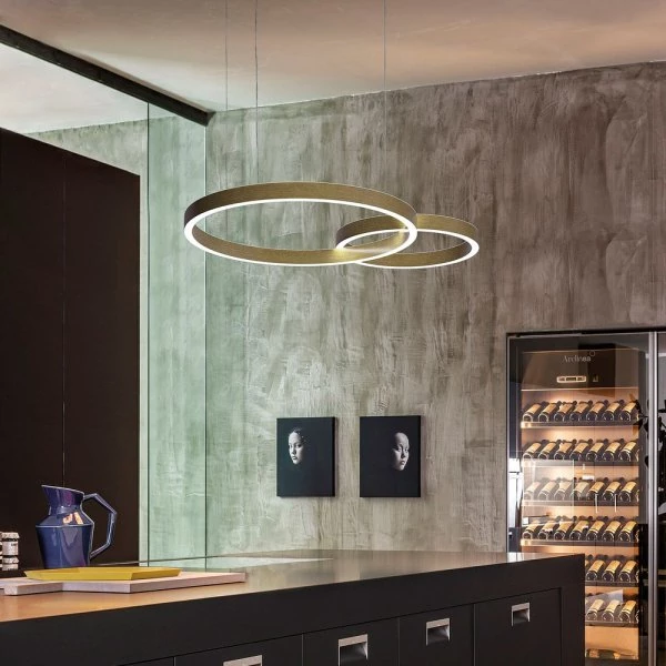 Küchentisch LED Pendellampe Loop 2 Ringe in Gold gebürstet S60-S40