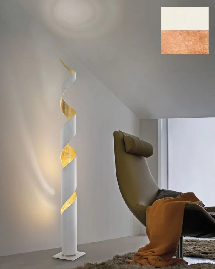 Twisted living room floor lamp Truciolo in white-copper Twisted living room floor lamp Truciolo in white-copper