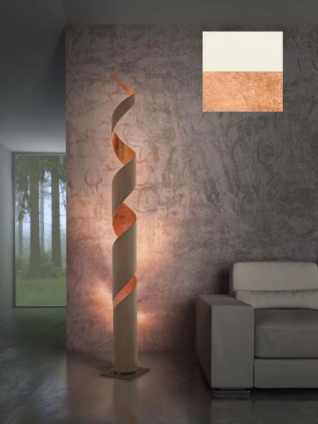 Delicate white and warm copper decorates this floor lamp Truciolo