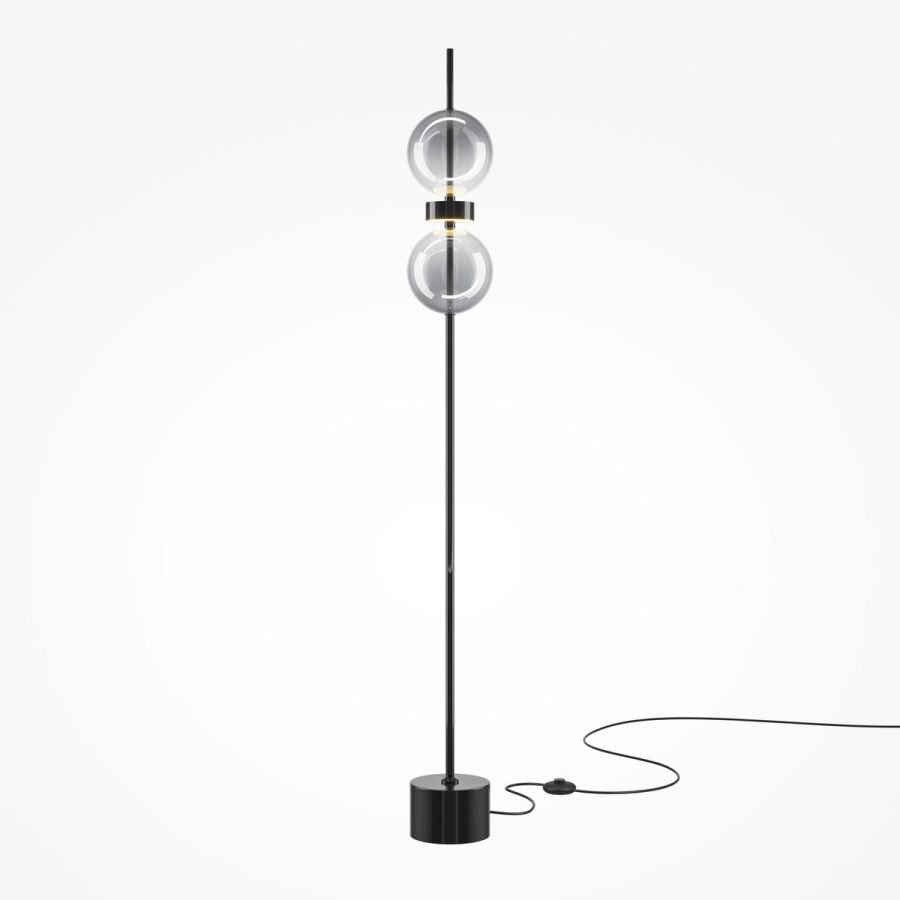 Design floor lamp black 2 smoky glass balls on black rod, round base, cord dimmer