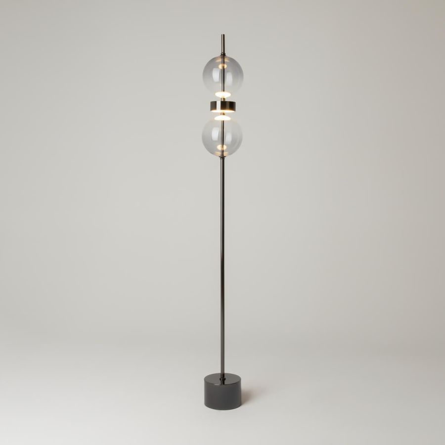 Black floor lamp with 2 glass balls on a slim rod and round base