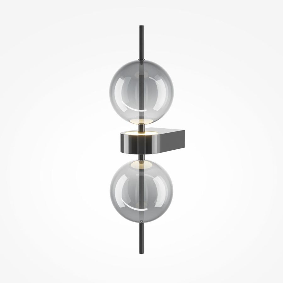 Design wall light black with two smoky glass balls on vertical rod, white background