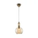 Glass ball pendant lamp in yellow and metal frame in bronze