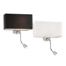 Square fabric shade wall lamp with LED reading arm in black or white